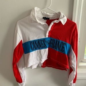 Red n White Colorblock Collared Crop Top